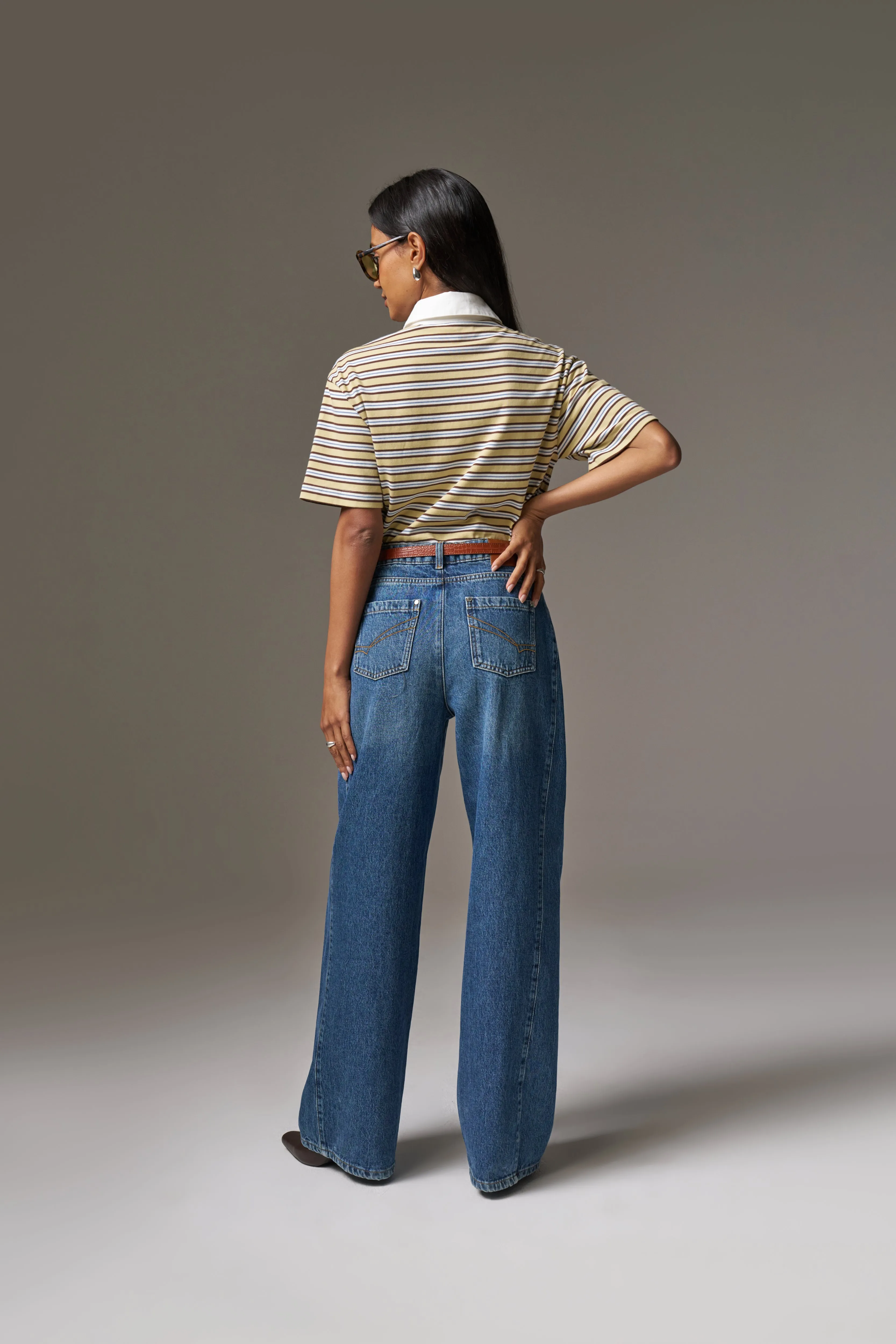ADJUSTABLE PLEAT DETAIL WIDE LEG JEANS - VINTAGE BLUE WASH