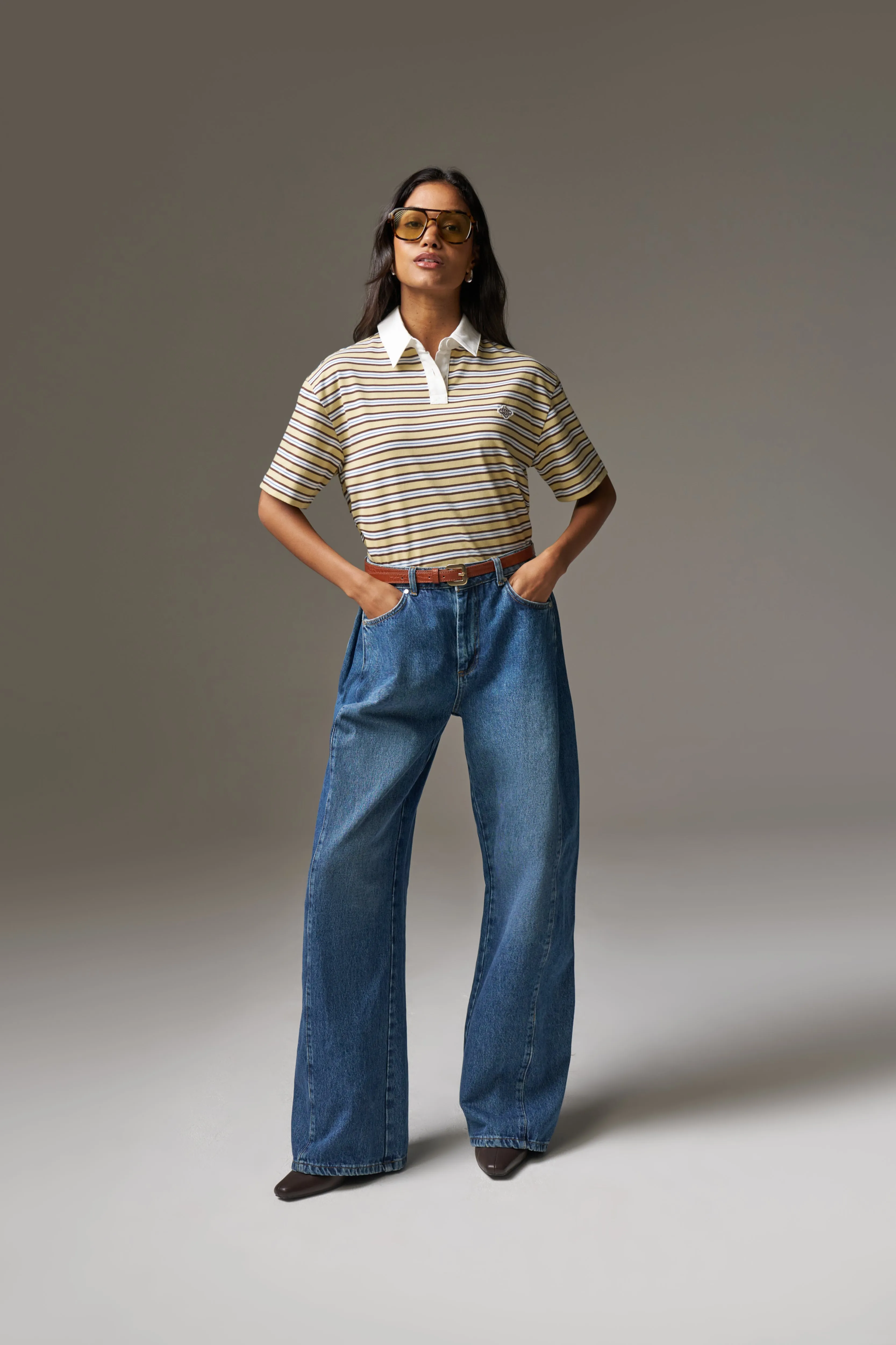 ADJUSTABLE PLEAT DETAIL WIDE LEG JEANS - VINTAGE BLUE WASH