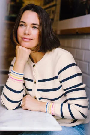 Anessa Cardigan - Off-White/Navy. Classic Stripe Rainbow Cuffs