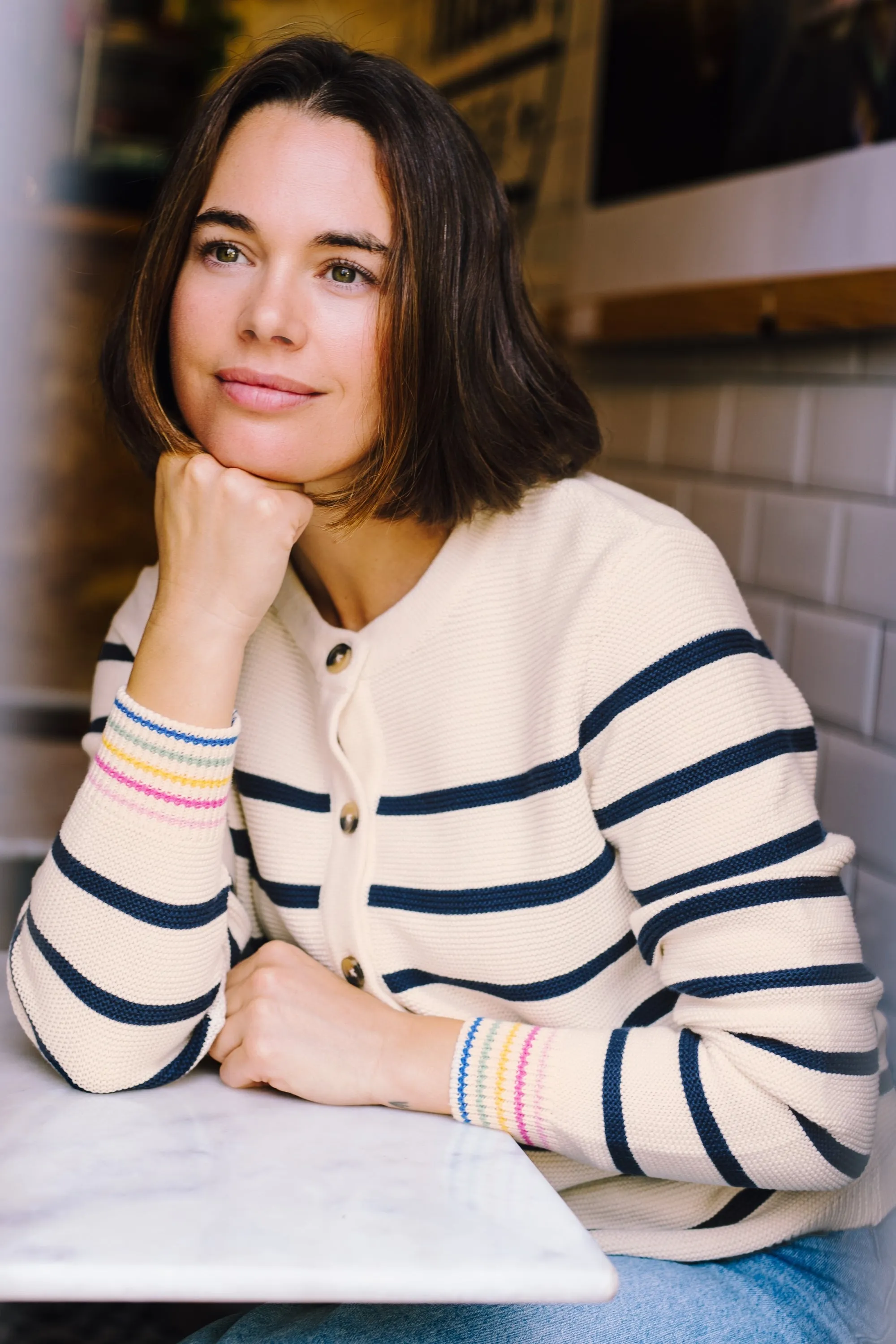 Anessa Cardigan - Off-White/Navy. Classic Stripe Rainbow Cuffs