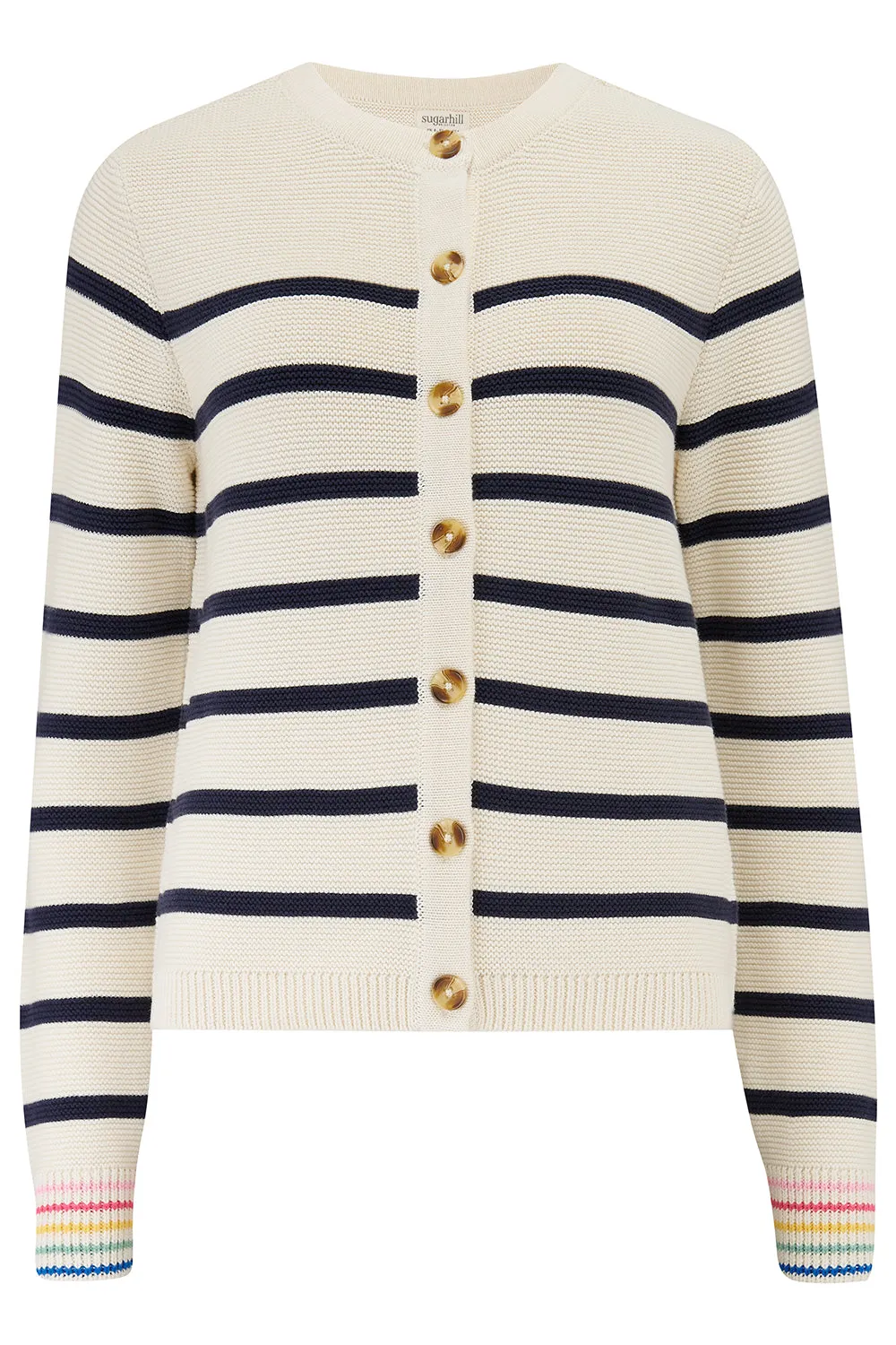 Anessa Cardigan - Off-White/Navy. Classic Stripe Rainbow Cuffs