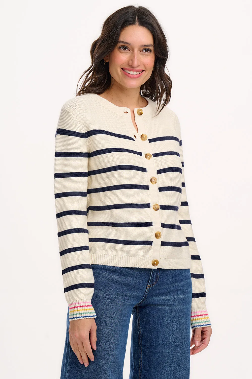 Anessa Cardigan - Off-White/Navy. Classic Stripe Rainbow Cuffs