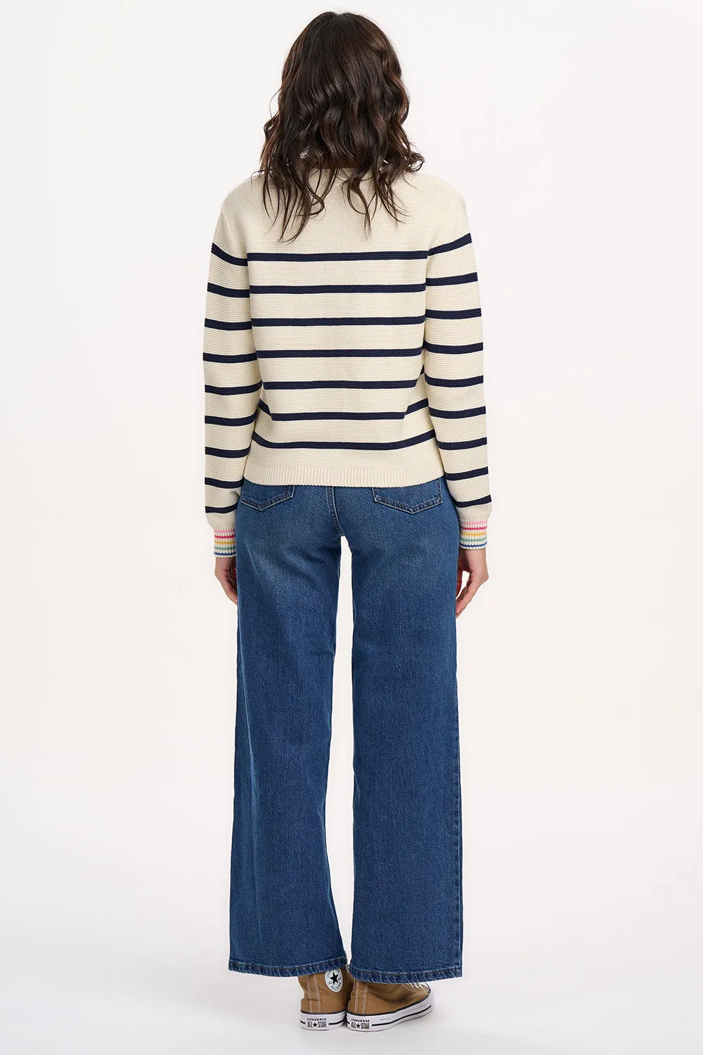 Anessa Cardigan - Off-White/Navy. Classic Stripe Rainbow Cuffs