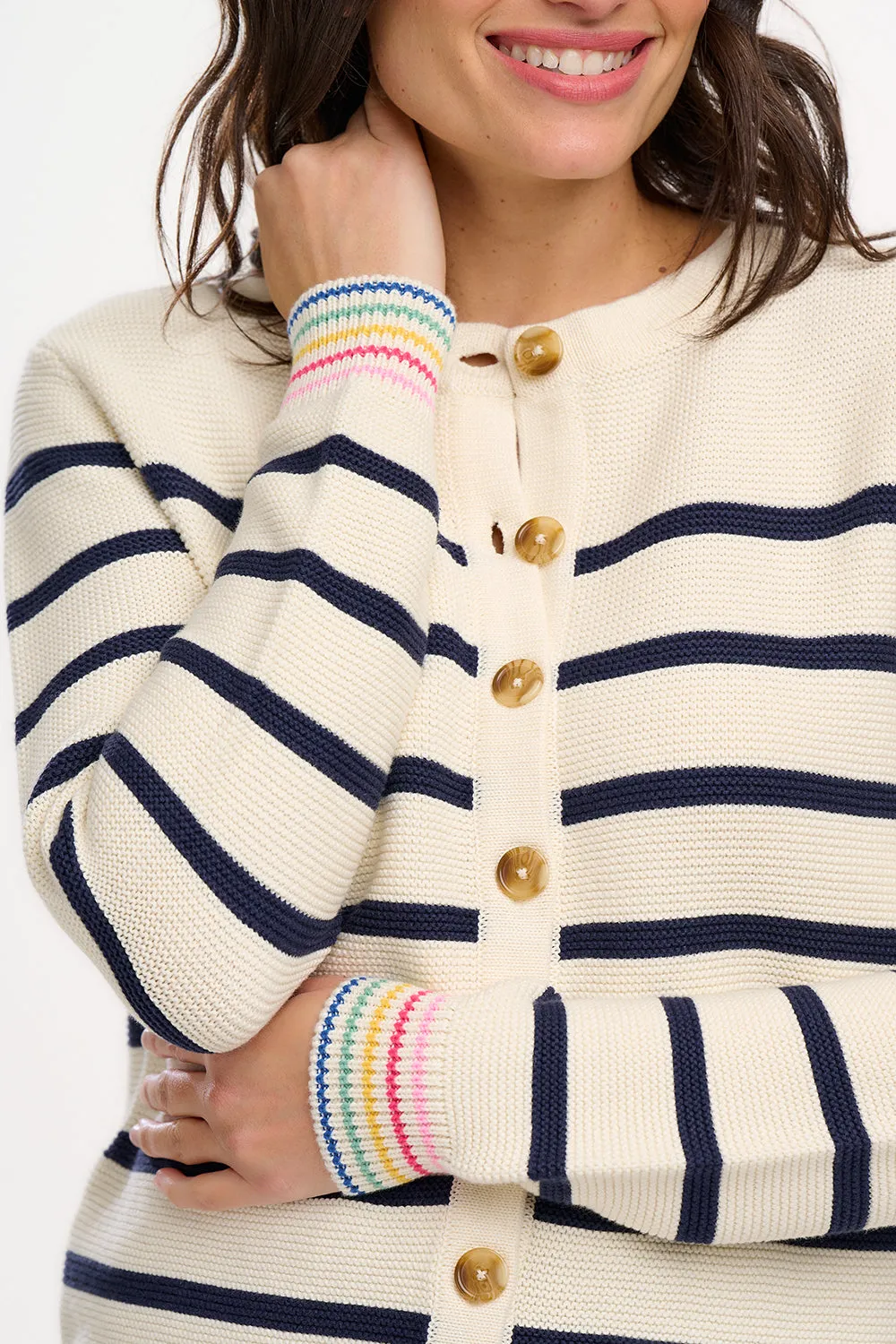 Anessa Cardigan - Off-White/Navy. Classic Stripe Rainbow Cuffs