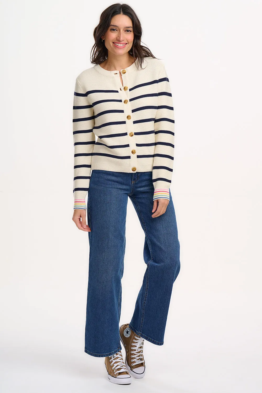 Anessa Cardigan - Off-White/Navy. Classic Stripe Rainbow Cuffs