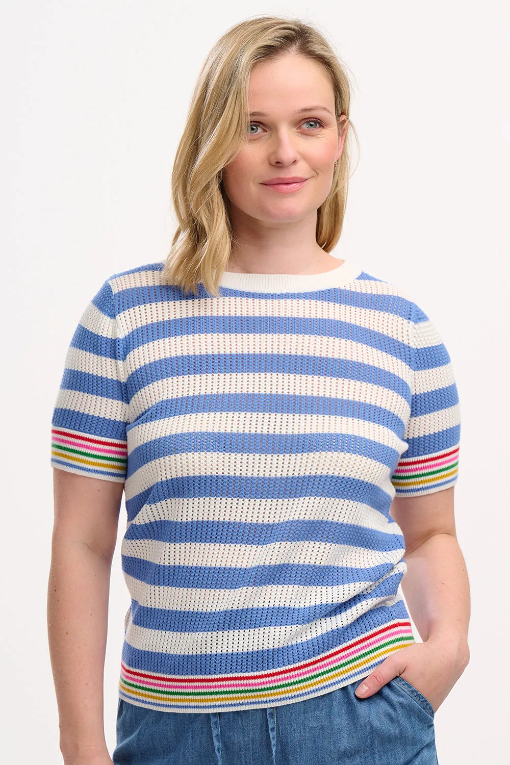 Arden Knit Top - Blue/Off-White. Rainbow Tipping