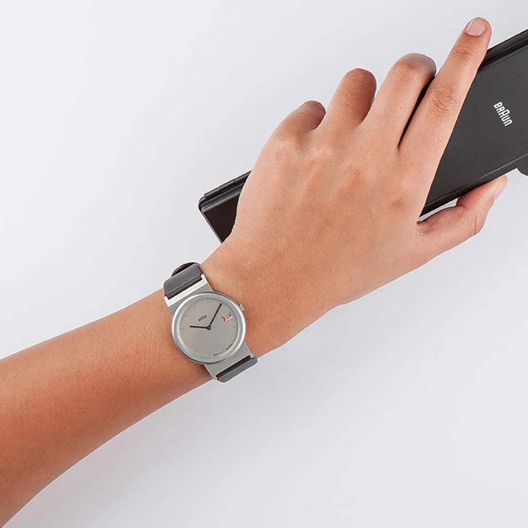 AW50 Braun classic watch -grey dial and black leather strap
