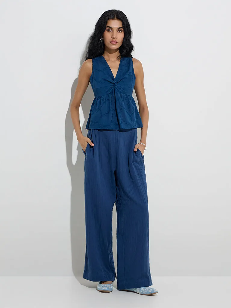 Bombay Paisley Indigo Embroidered Cotton Peplum Top