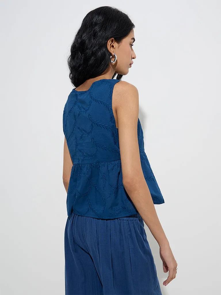 Bombay Paisley Indigo Embroidered Cotton Peplum Top