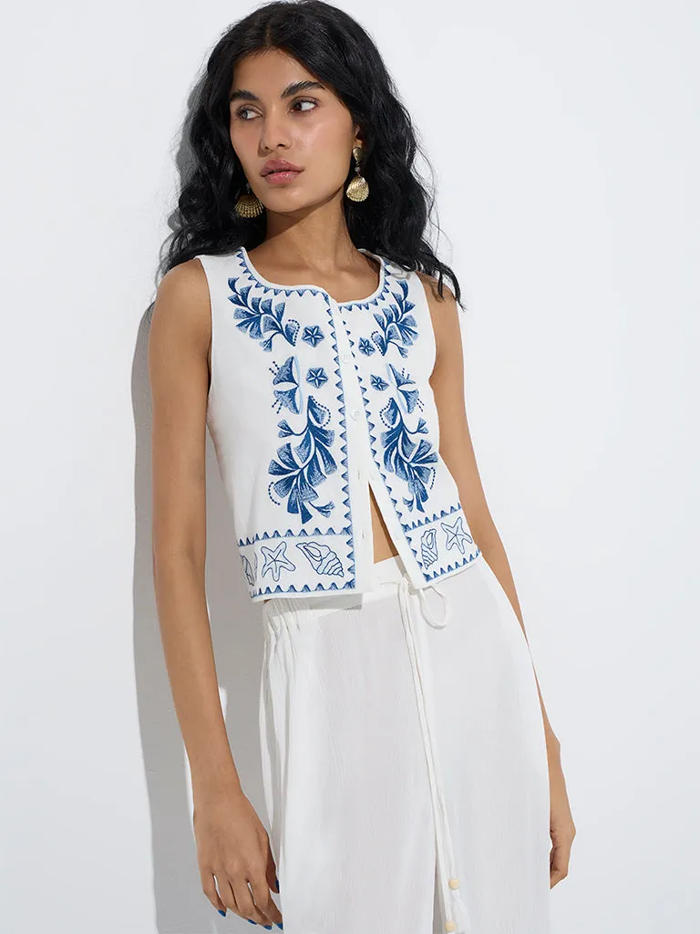 Bombay Paisley White Embroidered Cotton-Blend Top