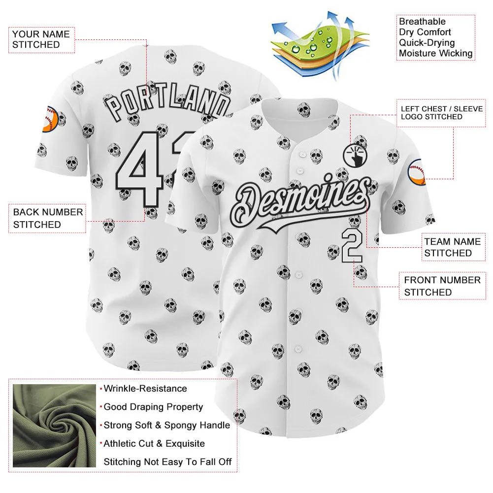 Custom White Black 3D Skull Authentic Baseball Jersey