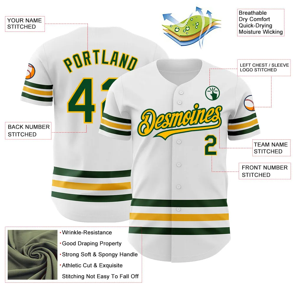 Custom White Green-Gold Line Authentic Baseball Jersey