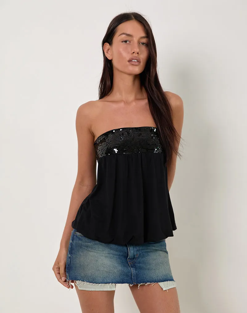 Danuta Longline Bandeau Top in Sequin Black