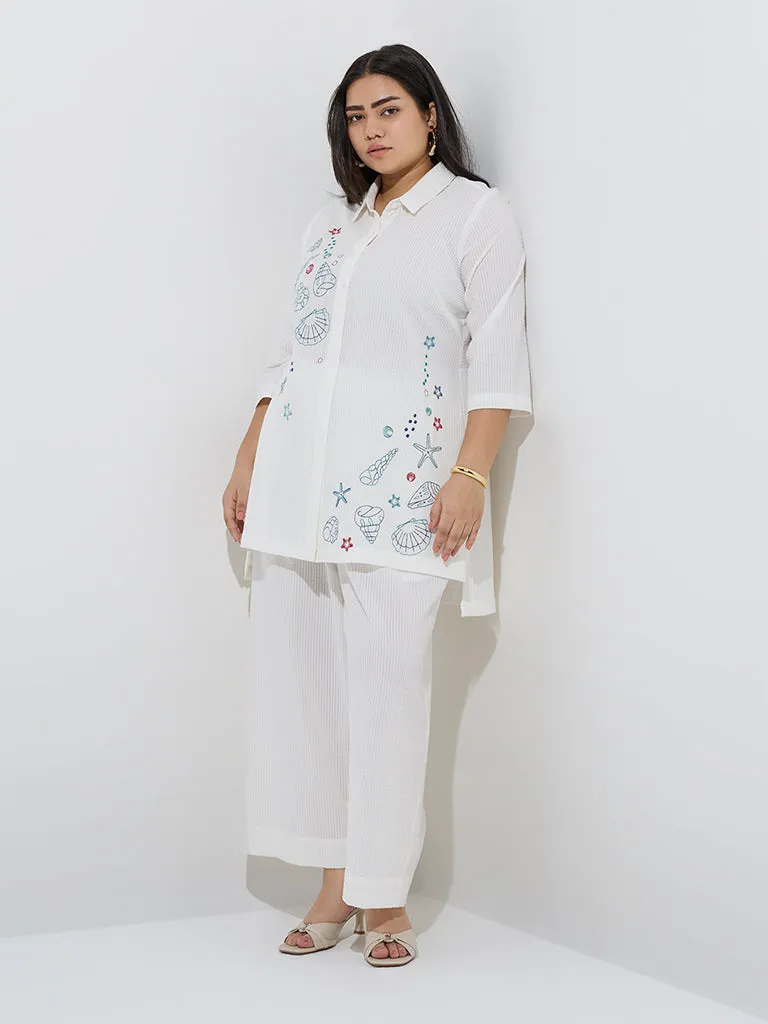 Diza White Sealife-Inspired High-Low Cotton Tunic