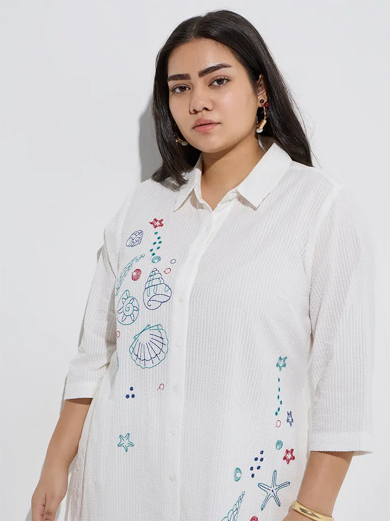 Diza White Sealife-Inspired High-Low Cotton Tunic