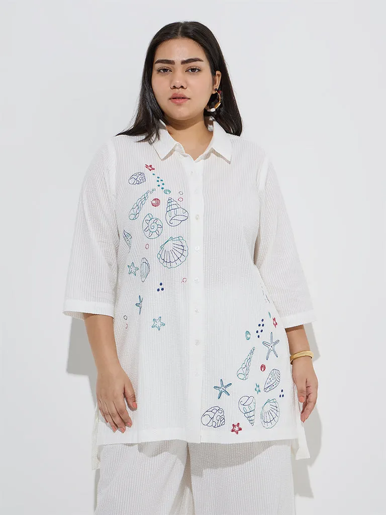 Diza White Sealife-Inspired High-Low Cotton Tunic