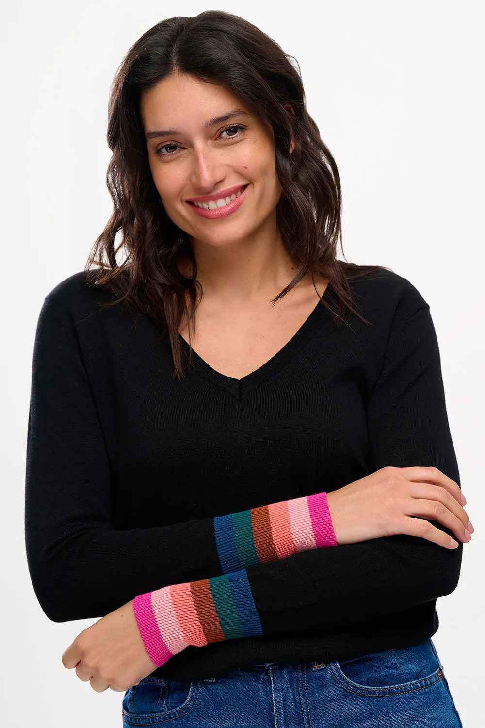 Doris V-neck Jumper - Black. Stripe Cuffs