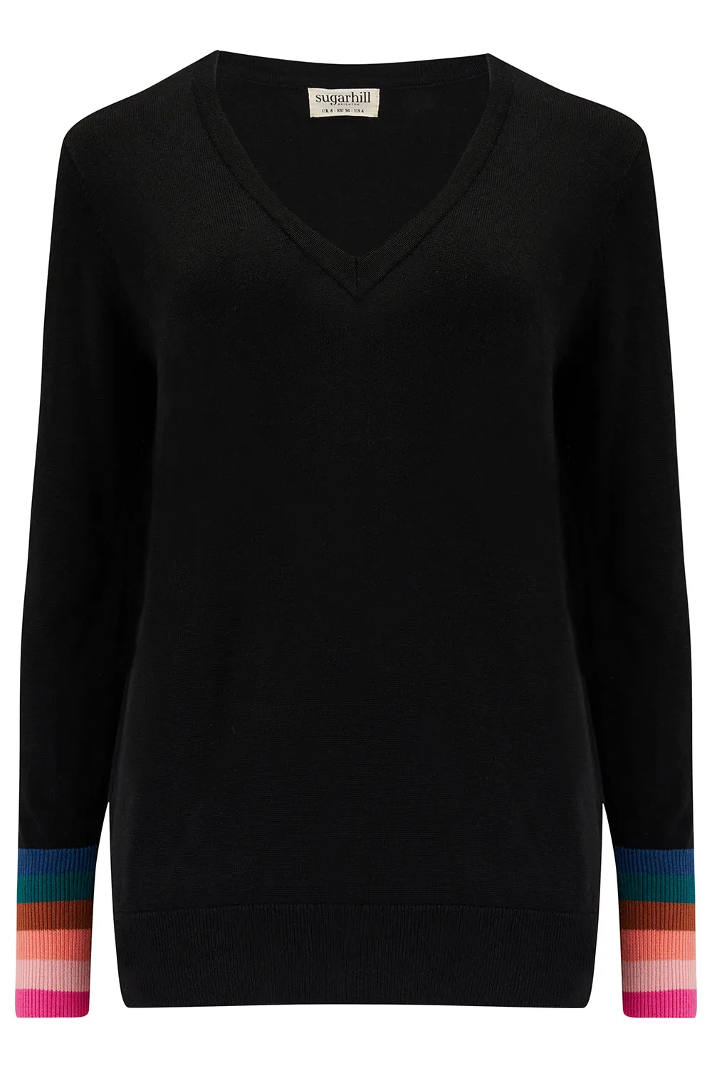 Doris V-neck Jumper - Black. Stripe Cuffs