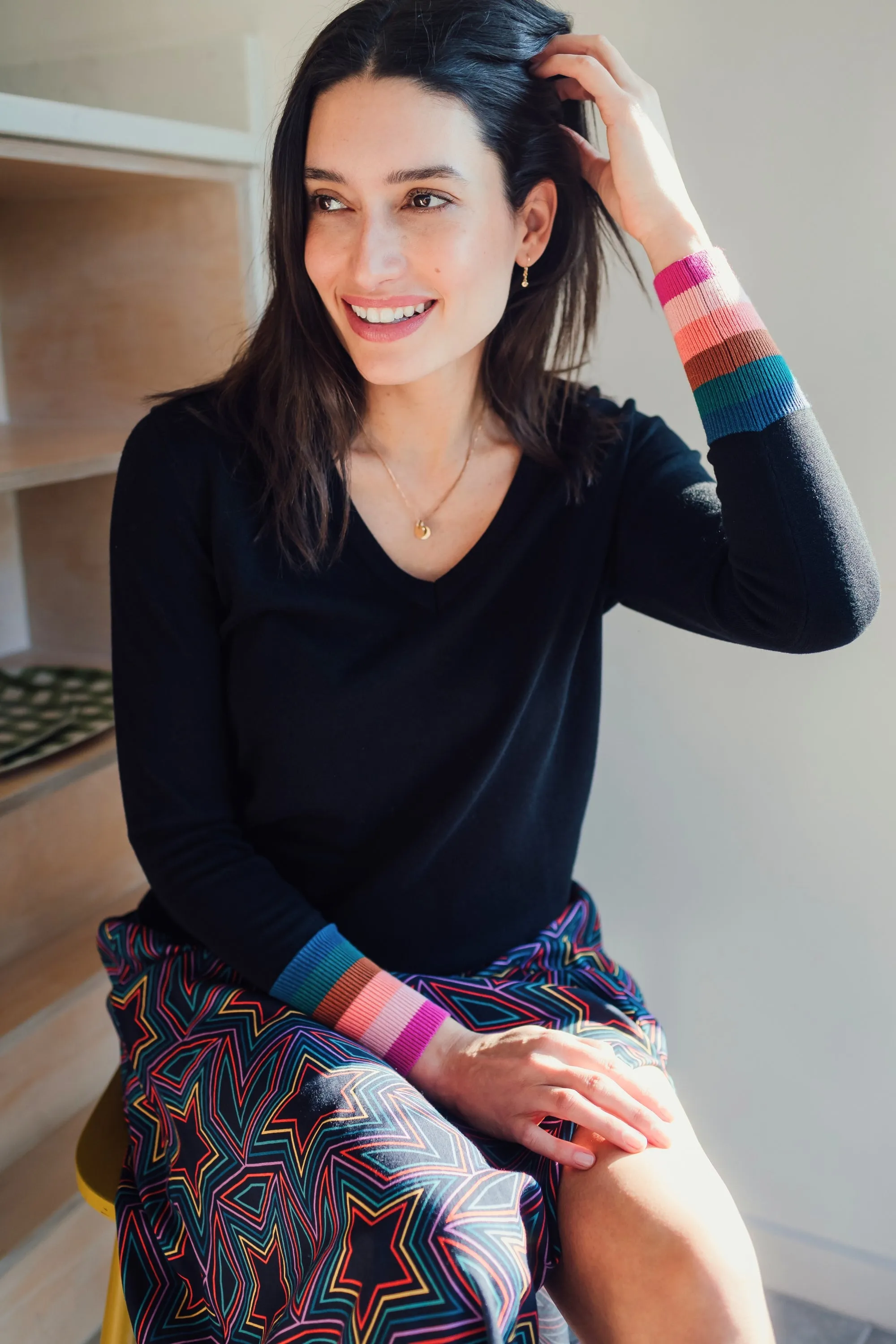 Doris V-neck Jumper - Black. Stripe Cuffs