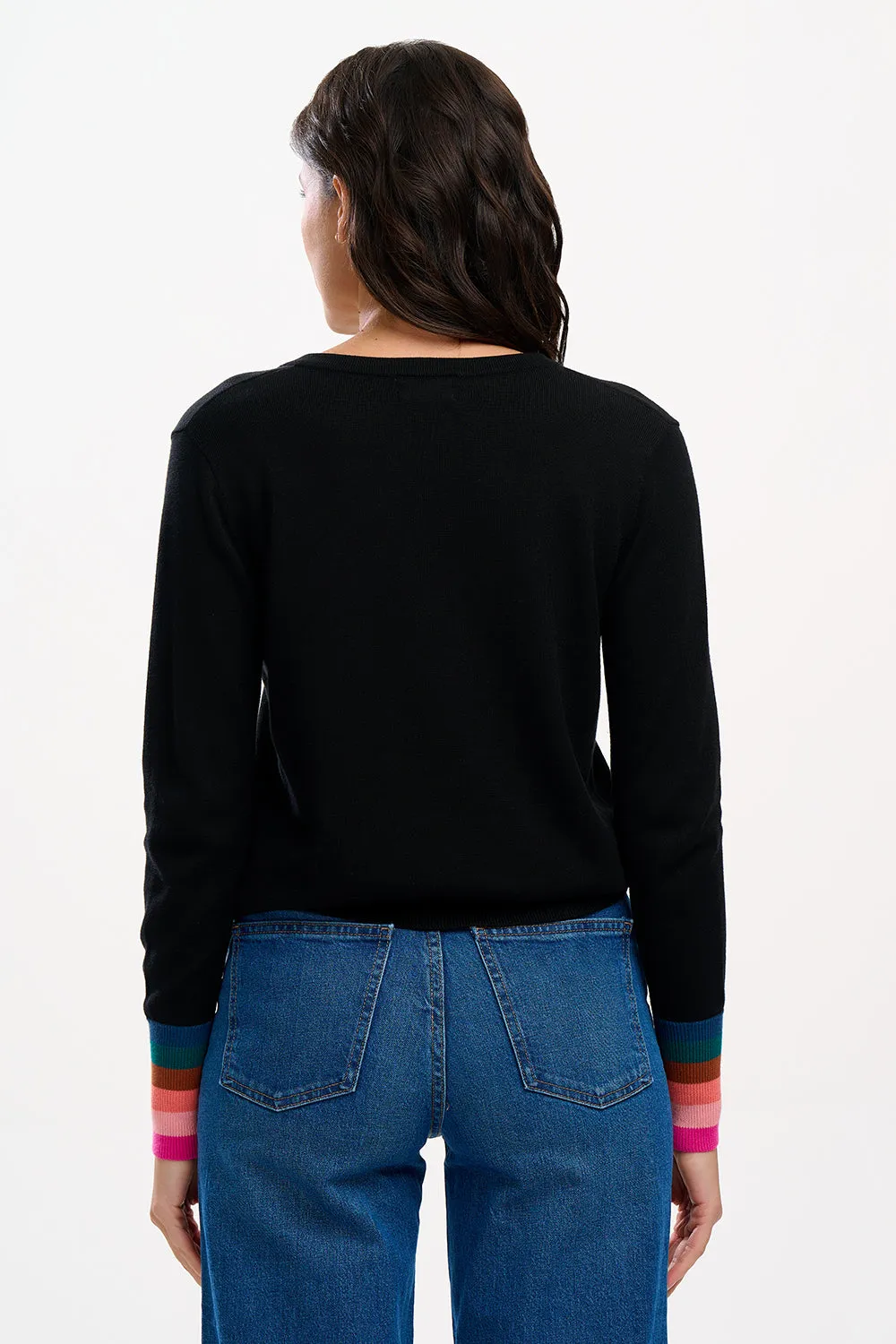 Doris V-neck Jumper - Black. Stripe Cuffs