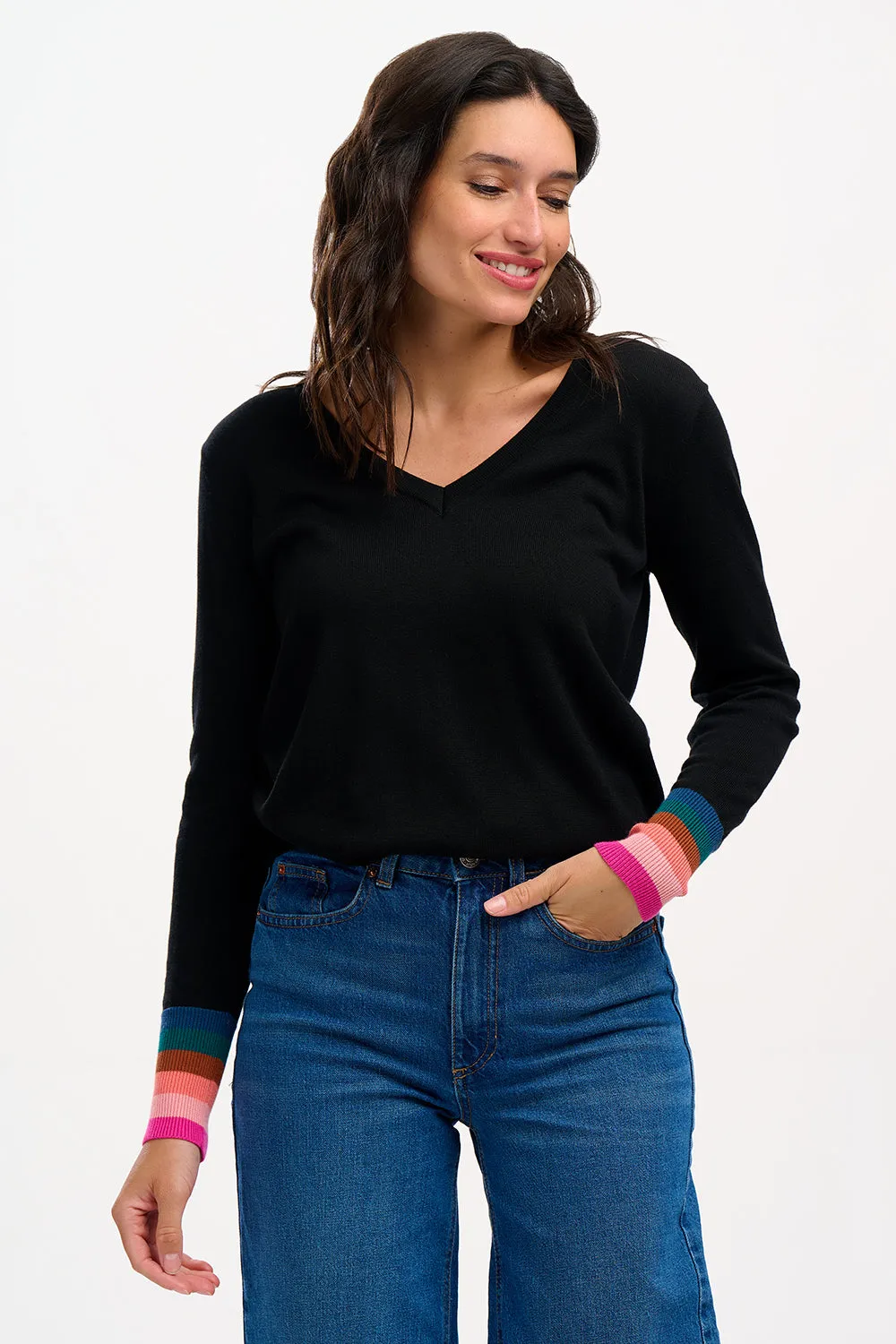 Doris V-neck Jumper - Black. Stripe Cuffs