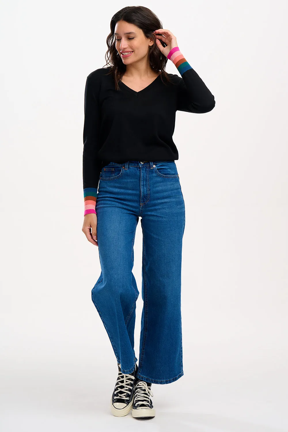 Doris V-neck Jumper - Black. Stripe Cuffs
