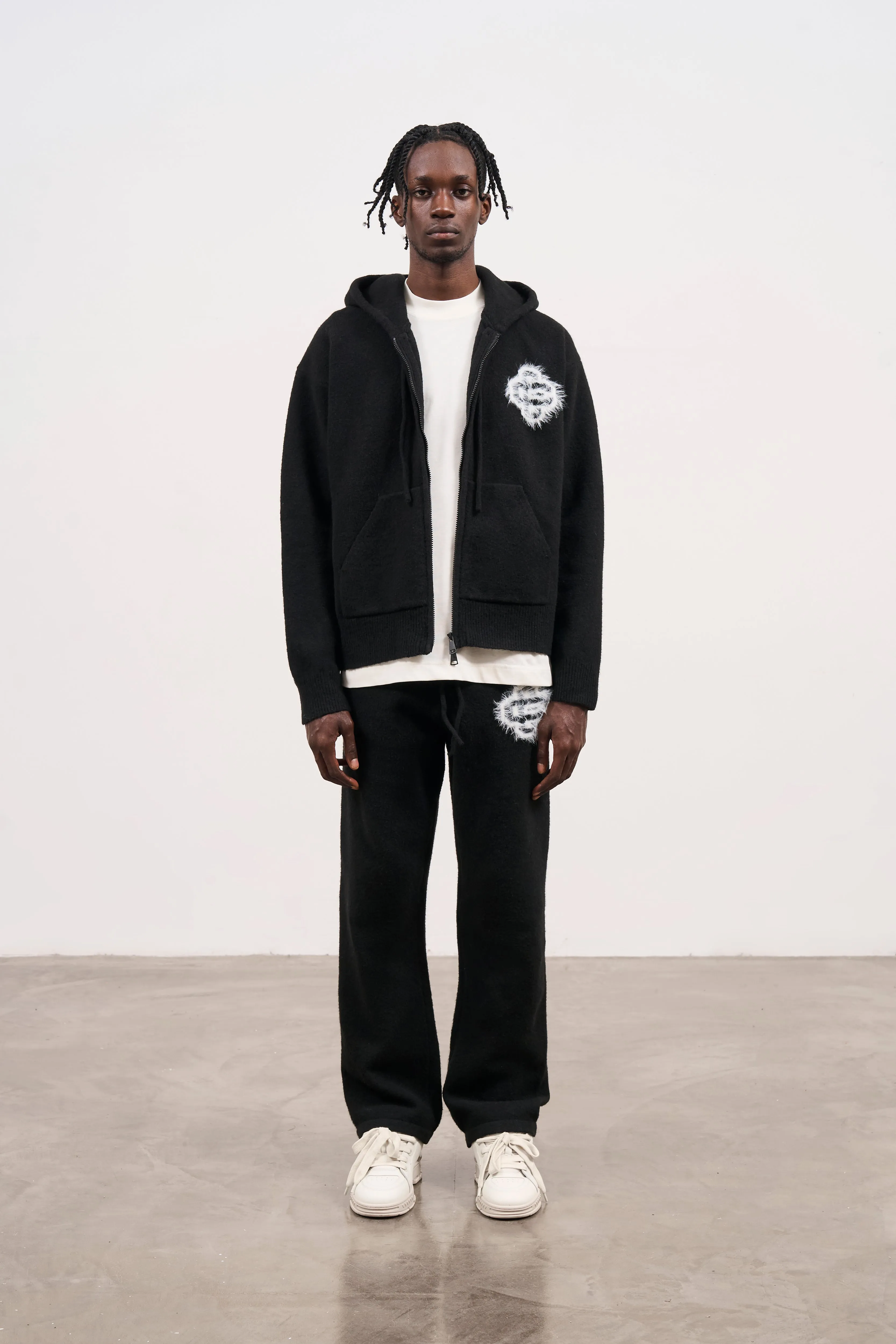 FLUFFY EMBLEM ZIP THROUGH KNITTED HOODIE - BLACK
