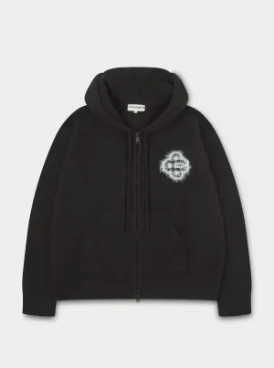 FLUFFY EMBLEM ZIP THROUGH KNITTED HOODIE - BLACK