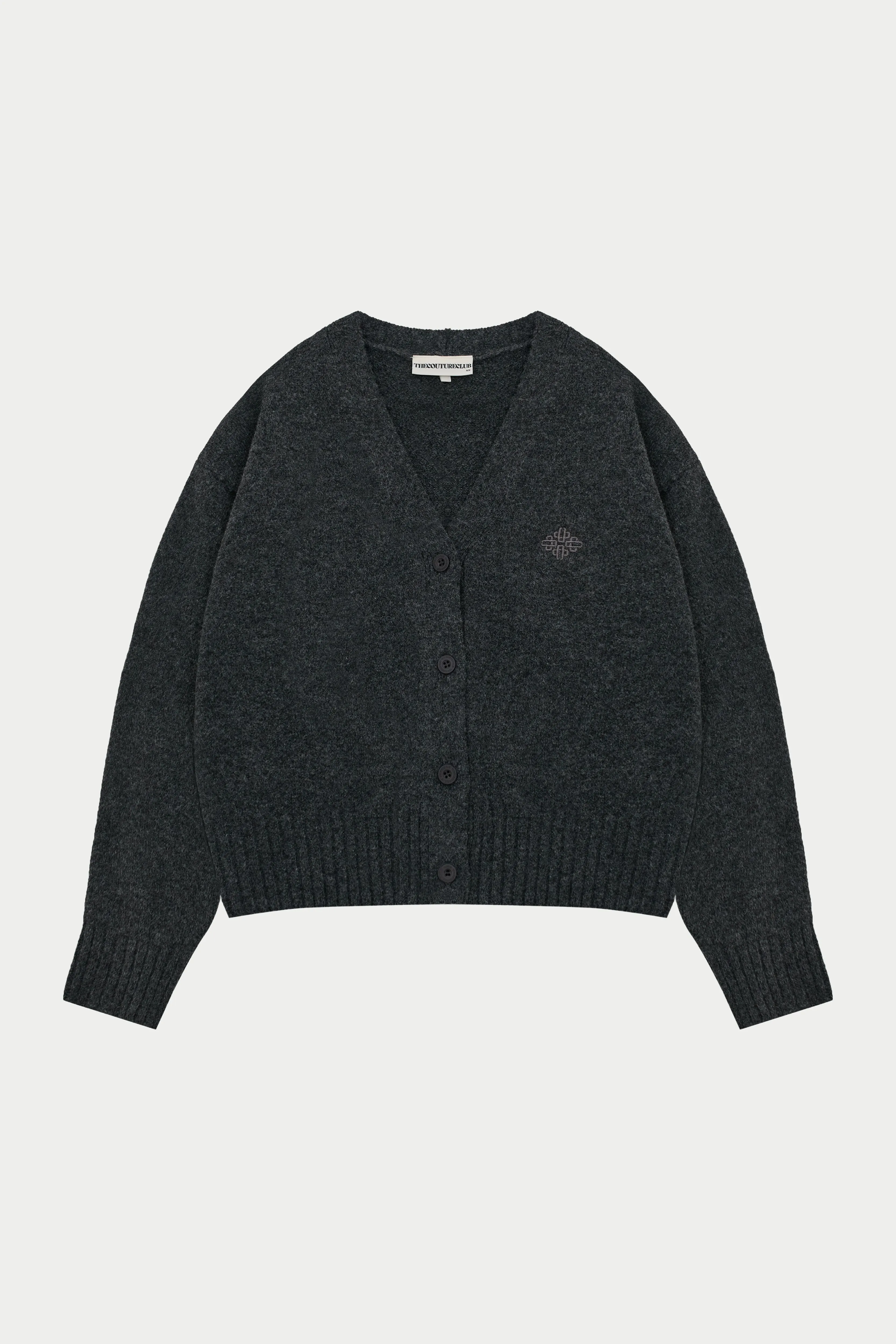 FLUFFY KNIT EMBLEM EMBROIDERED CARDIGAN - CHARCOAL