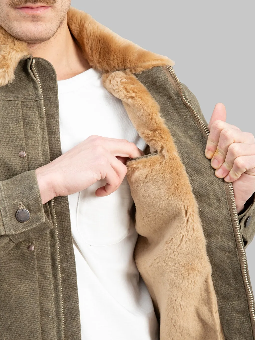 Freenote Cloth RJ-2 Waxed Canvas 20oz Shearling Jacket Tobacco