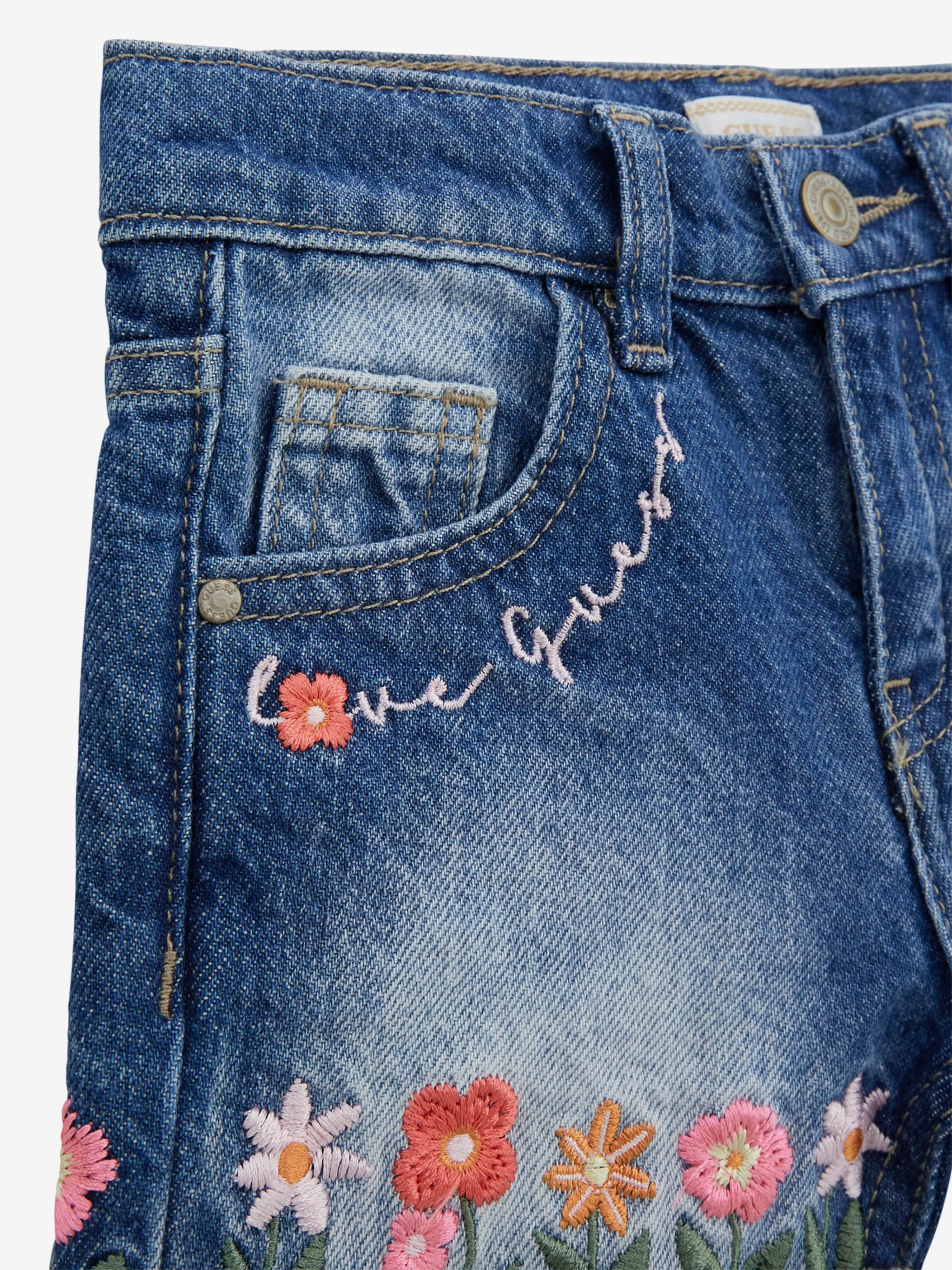 Girls Embroidered Flower Denim Shorts in Blue