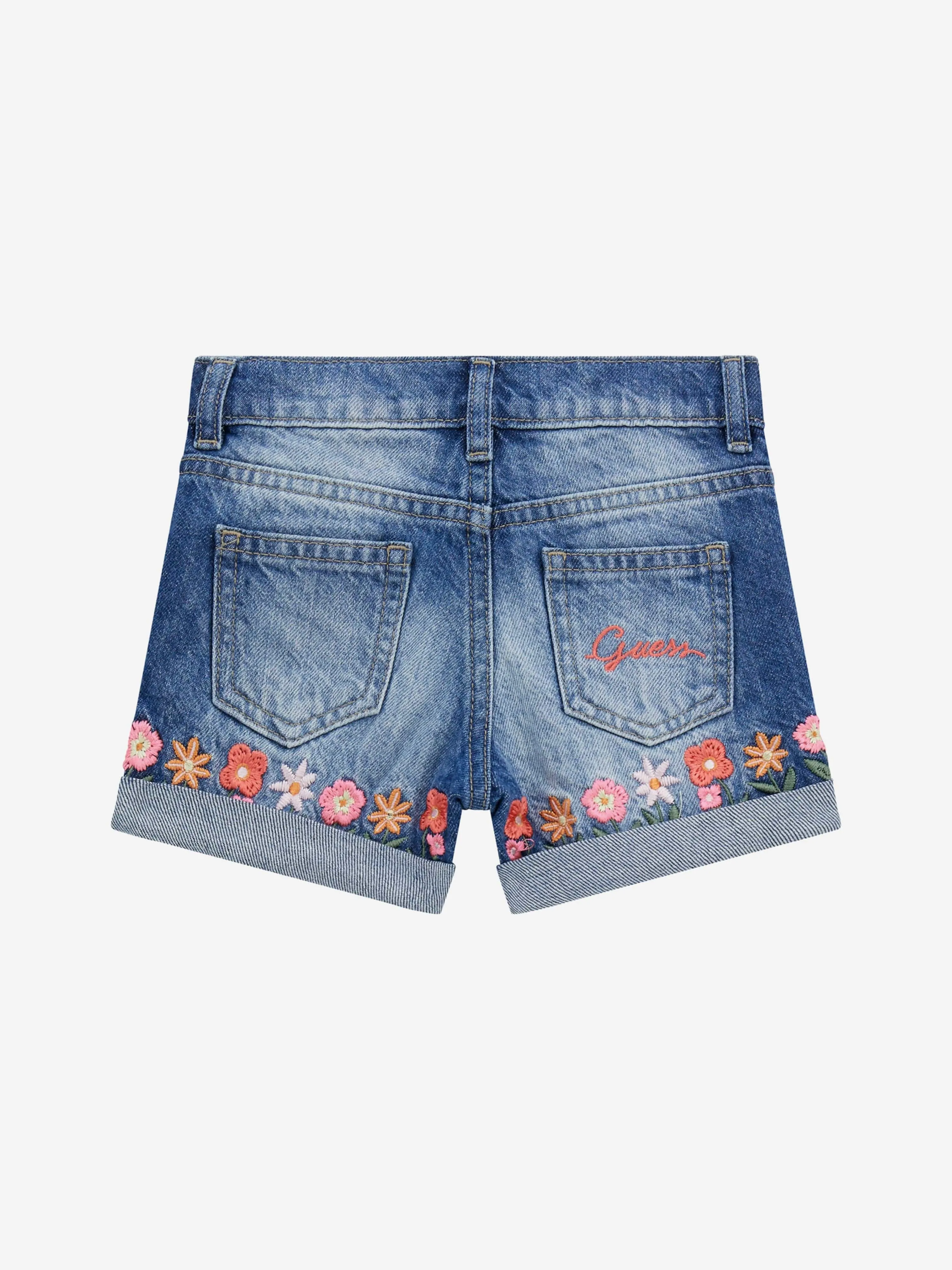 Girls Embroidered Flower Denim Shorts in Blue
