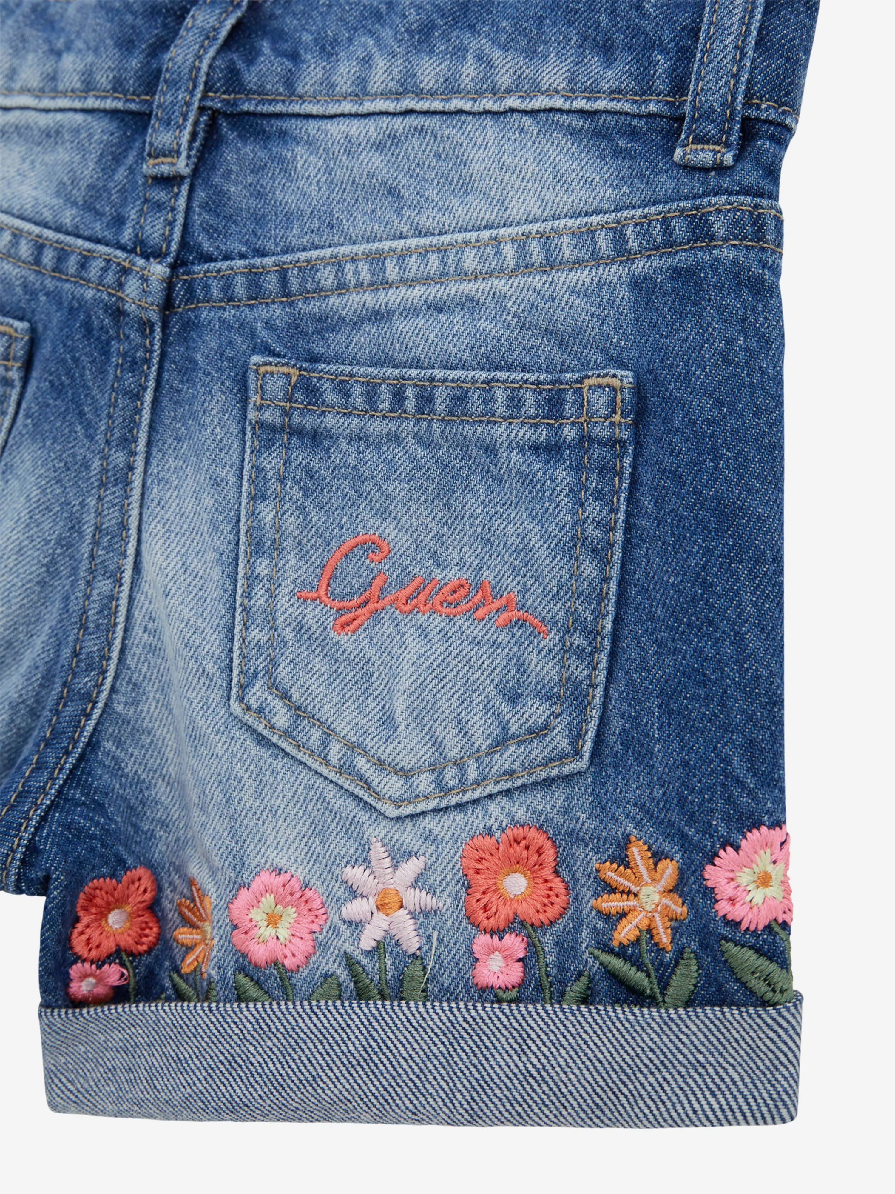 Girls Embroidered Flower Denim Shorts in Blue