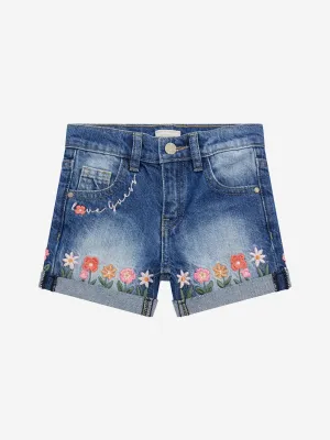 Girls Embroidered Flower Denim Shorts in Blue
