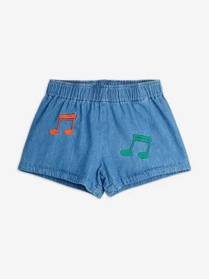 Girls Note Embroidered Denim Shorts in Blue