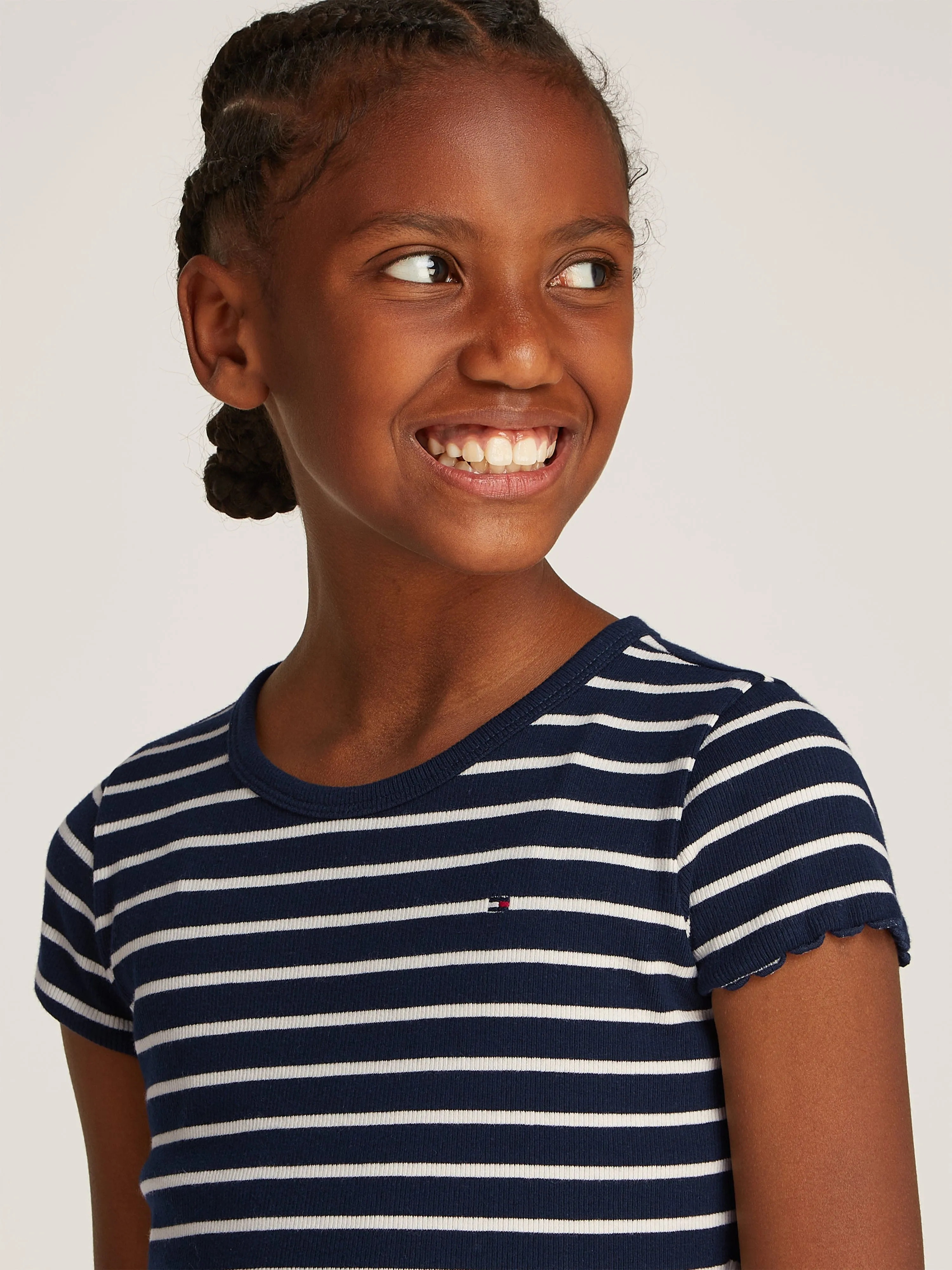 Girls Striped Rib Knit Top in Navy