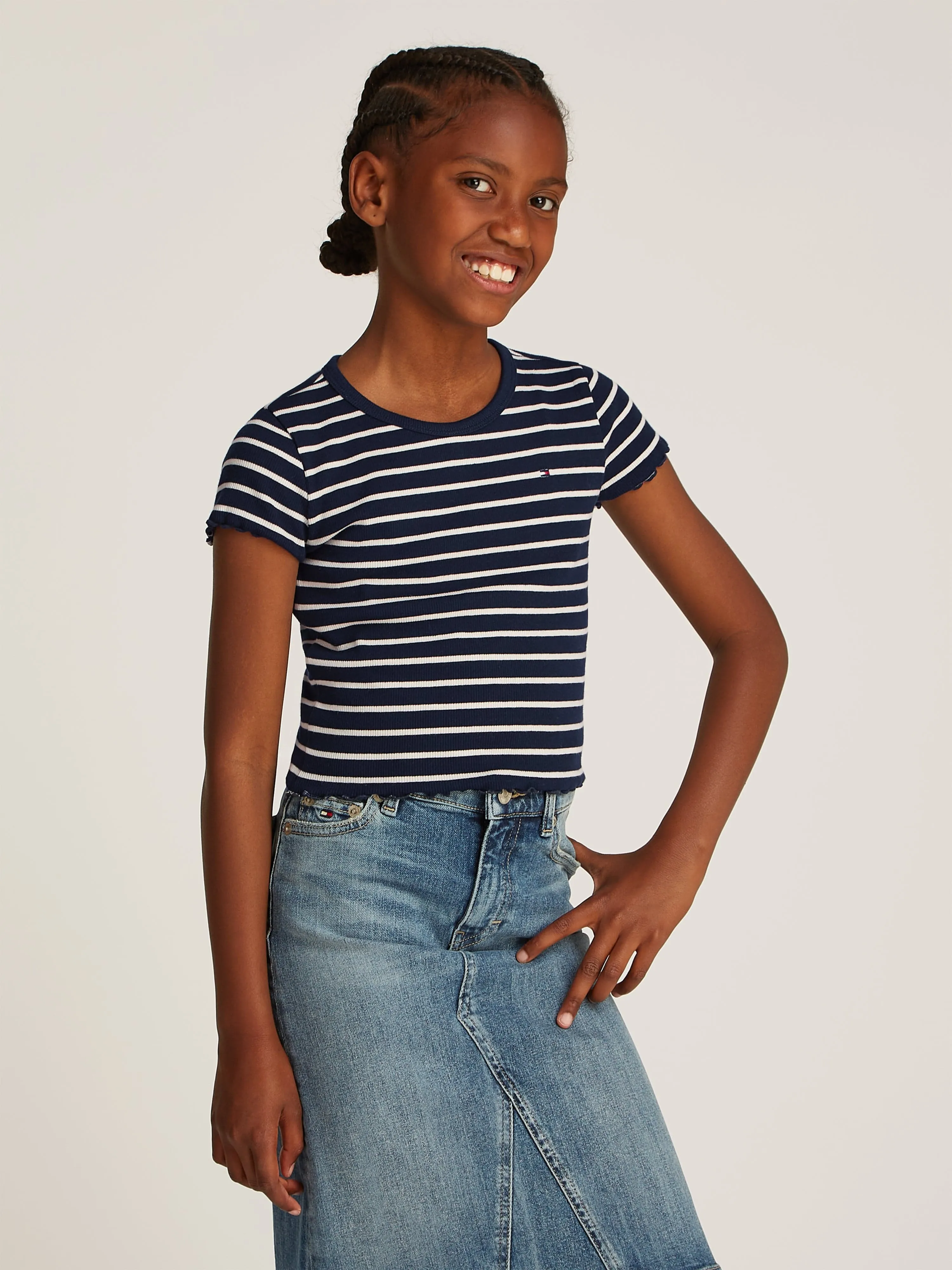 Girls Striped Rib Knit Top in Navy
