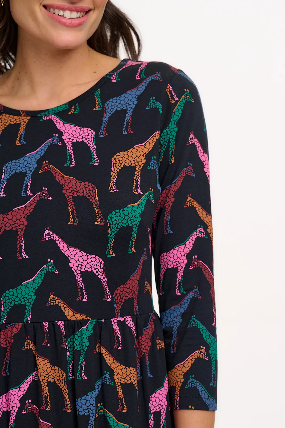 Hadley Midi Jersey Dress - Black. Giraffe Spots