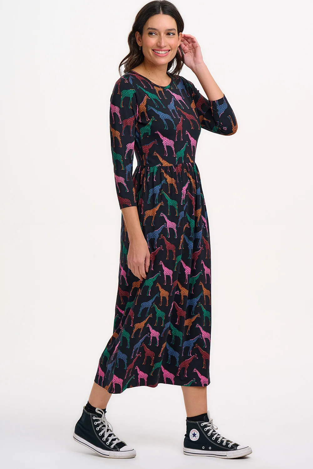 Hadley Midi Jersey Dress - Black. Giraffe Spots