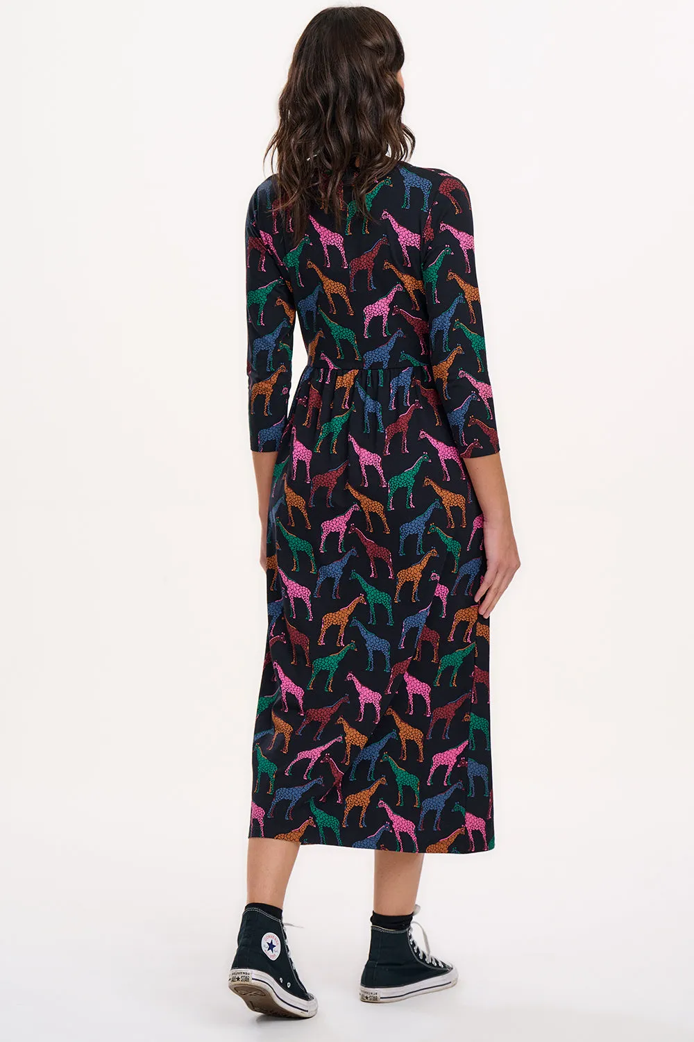 Hadley Midi Jersey Dress - Black. Giraffe Spots