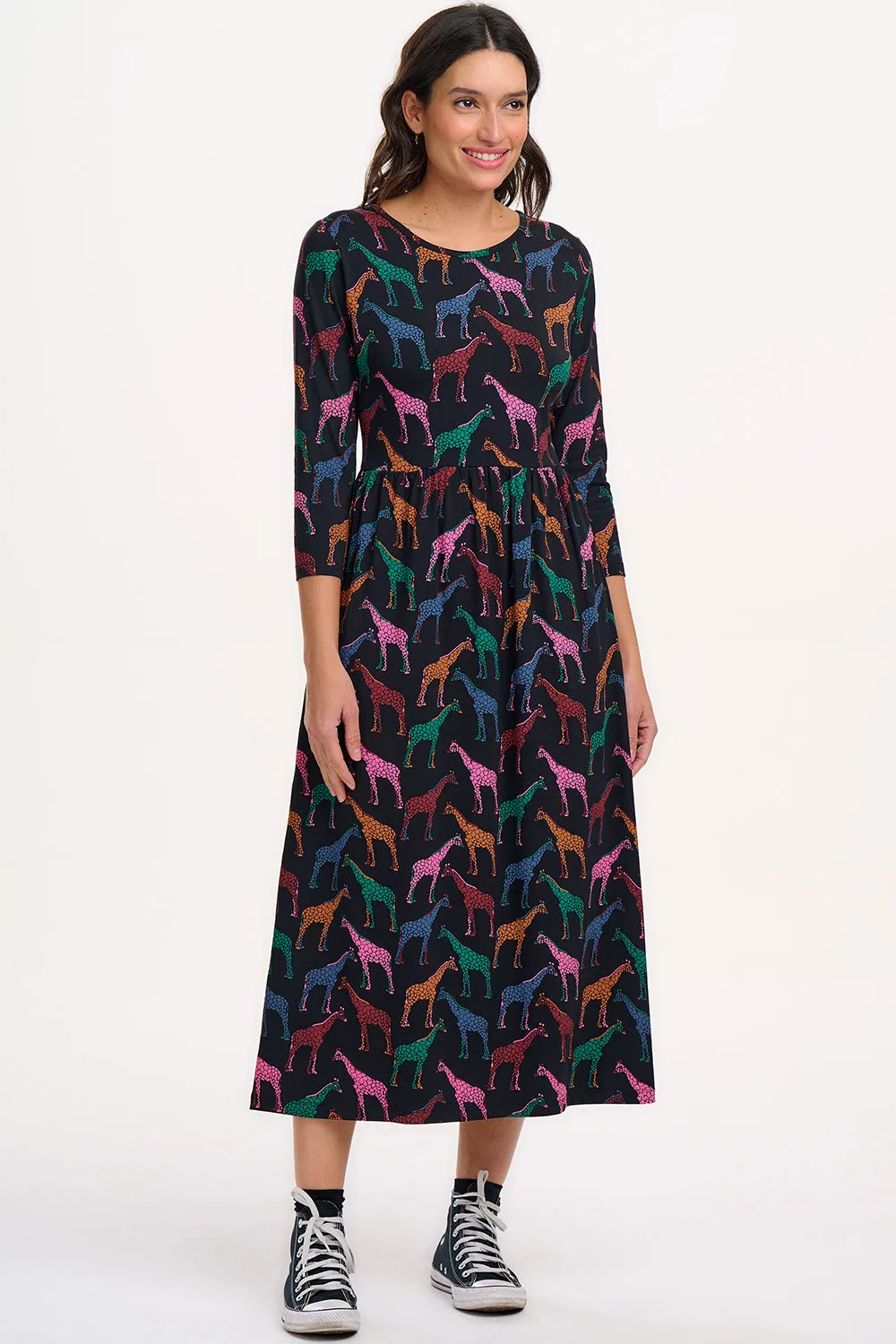 Hadley Midi Jersey Dress - Black. Giraffe Spots