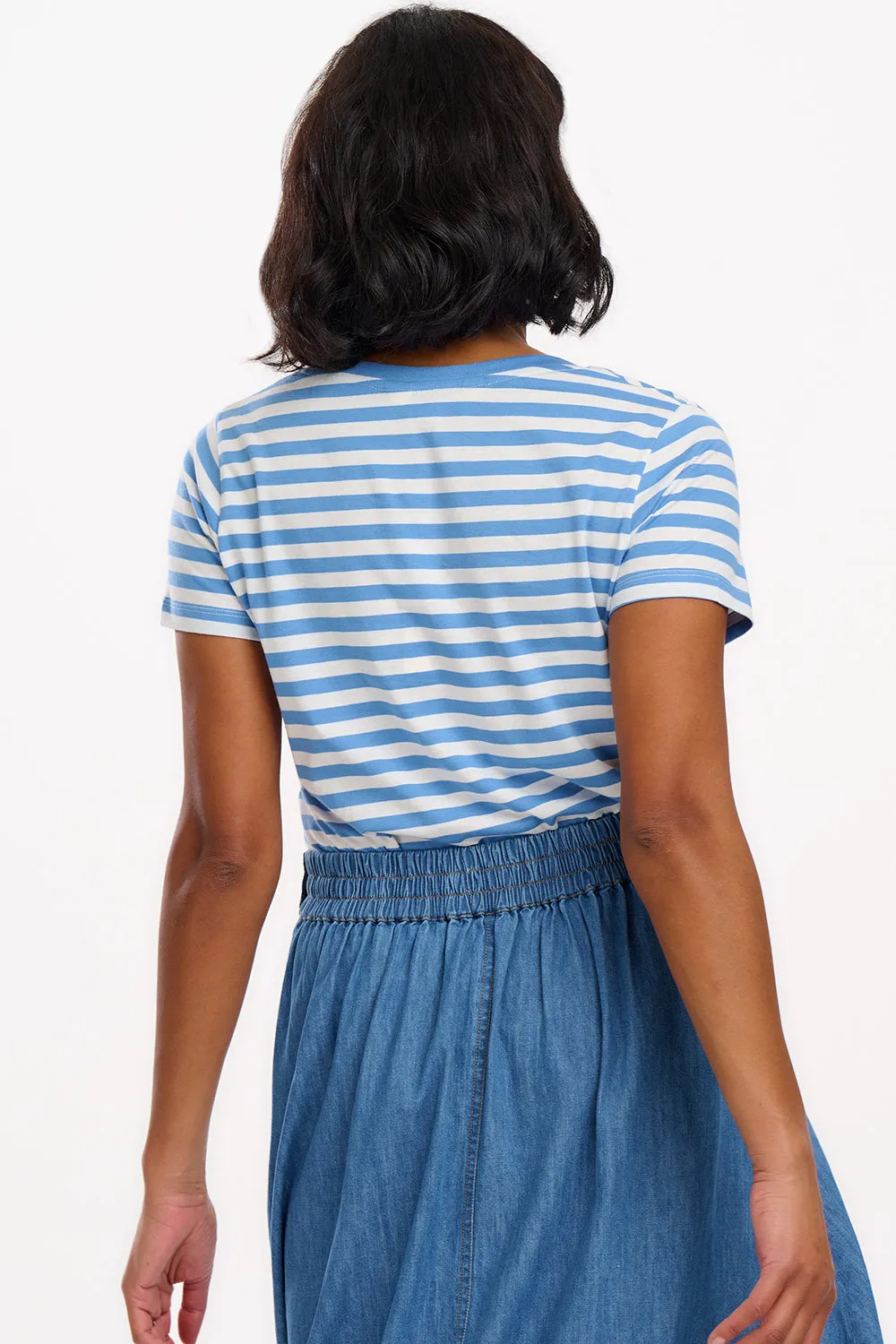 Khloe V-Neck T-Shirt - Off-White/Blue. Stripy Crab