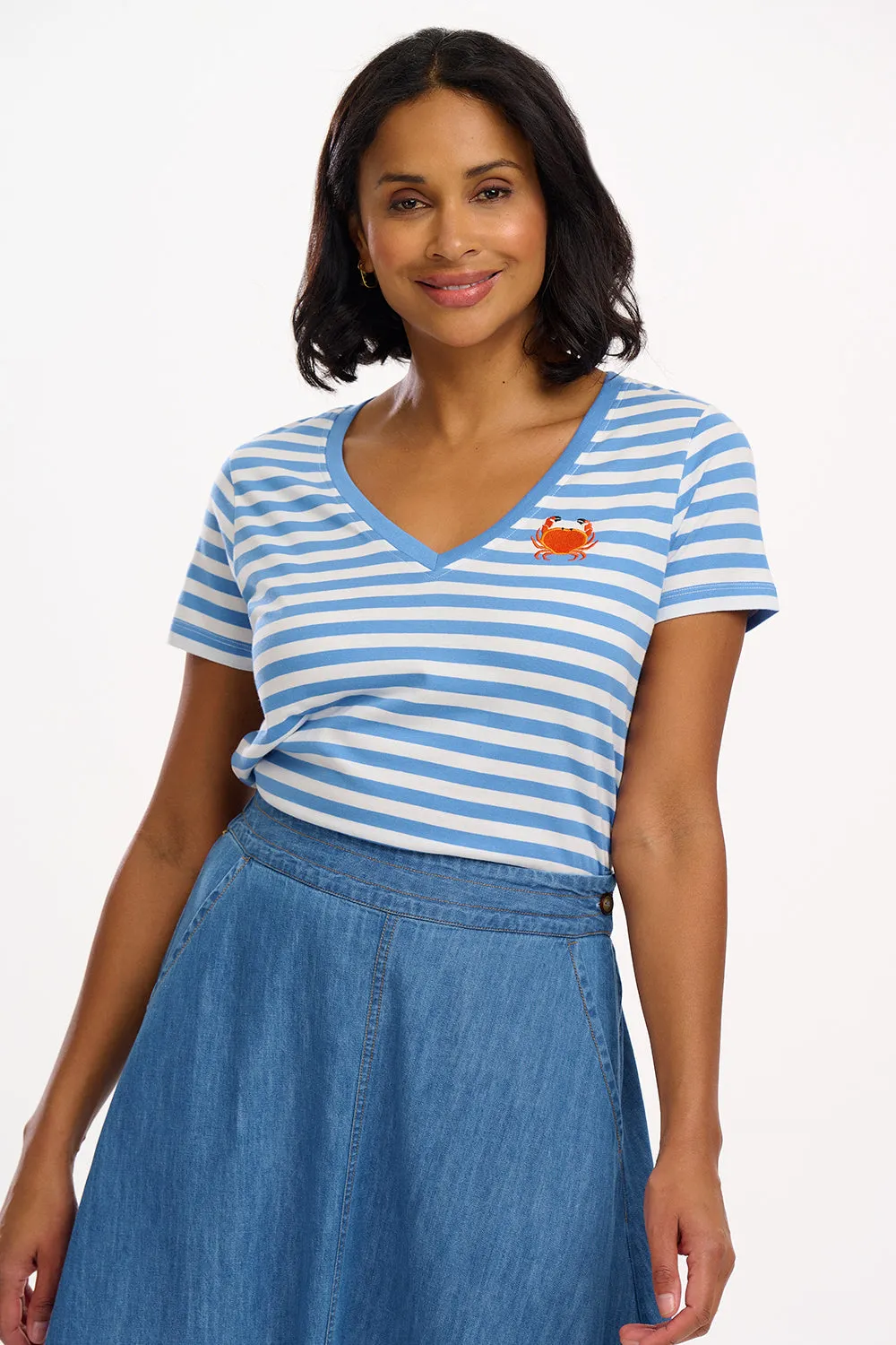 Khloe V-Neck T-Shirt - Off-White/Blue. Stripy Crab