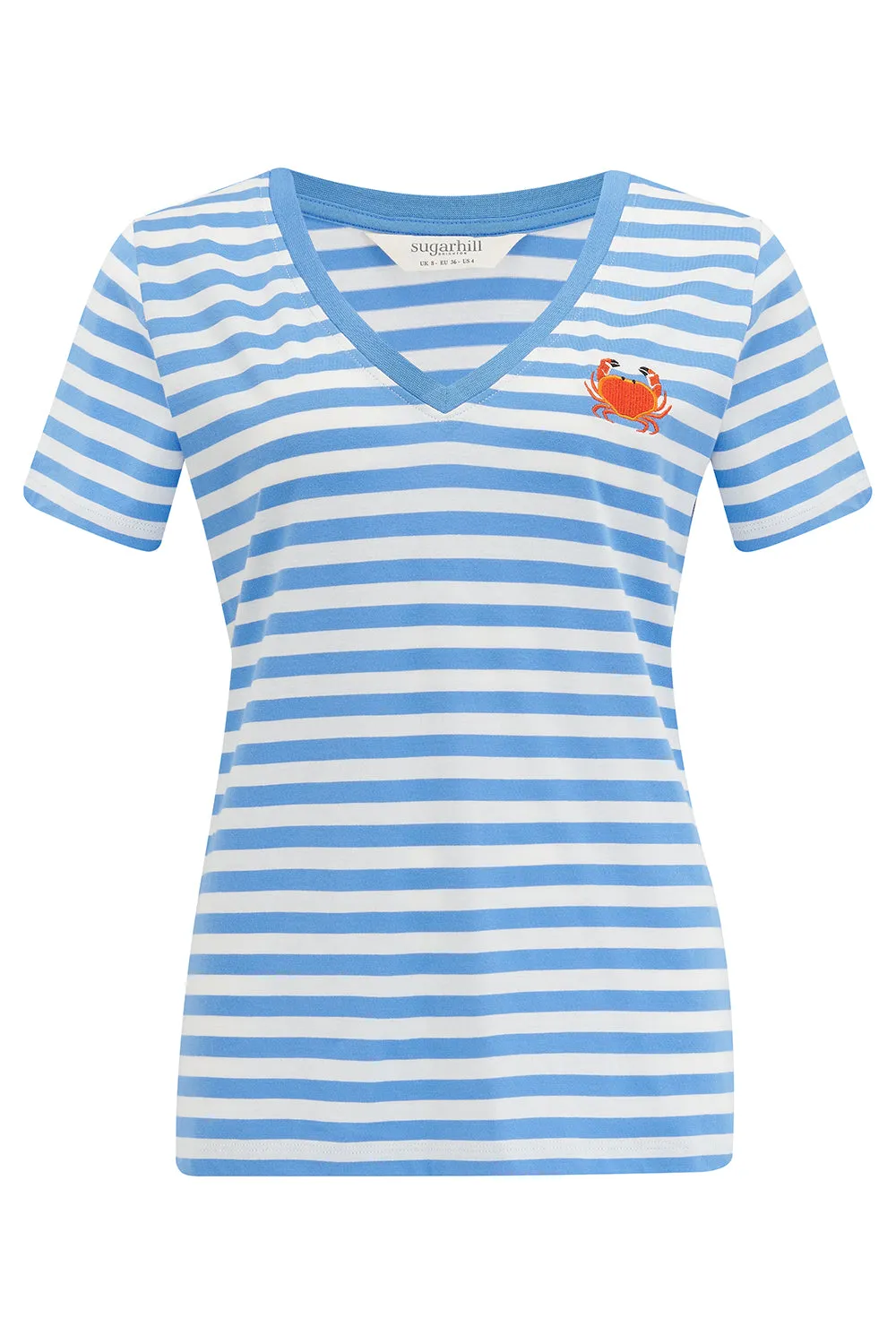 Khloe V-Neck T-Shirt - Off-White/Blue. Stripy Crab