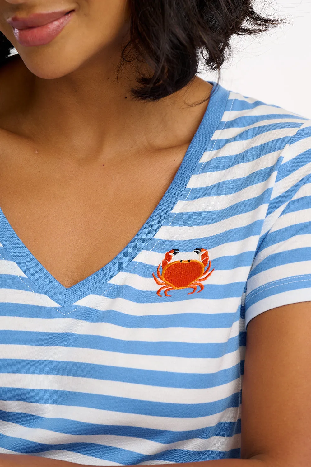 Khloe V-Neck T-Shirt - Off-White/Blue. Stripy Crab