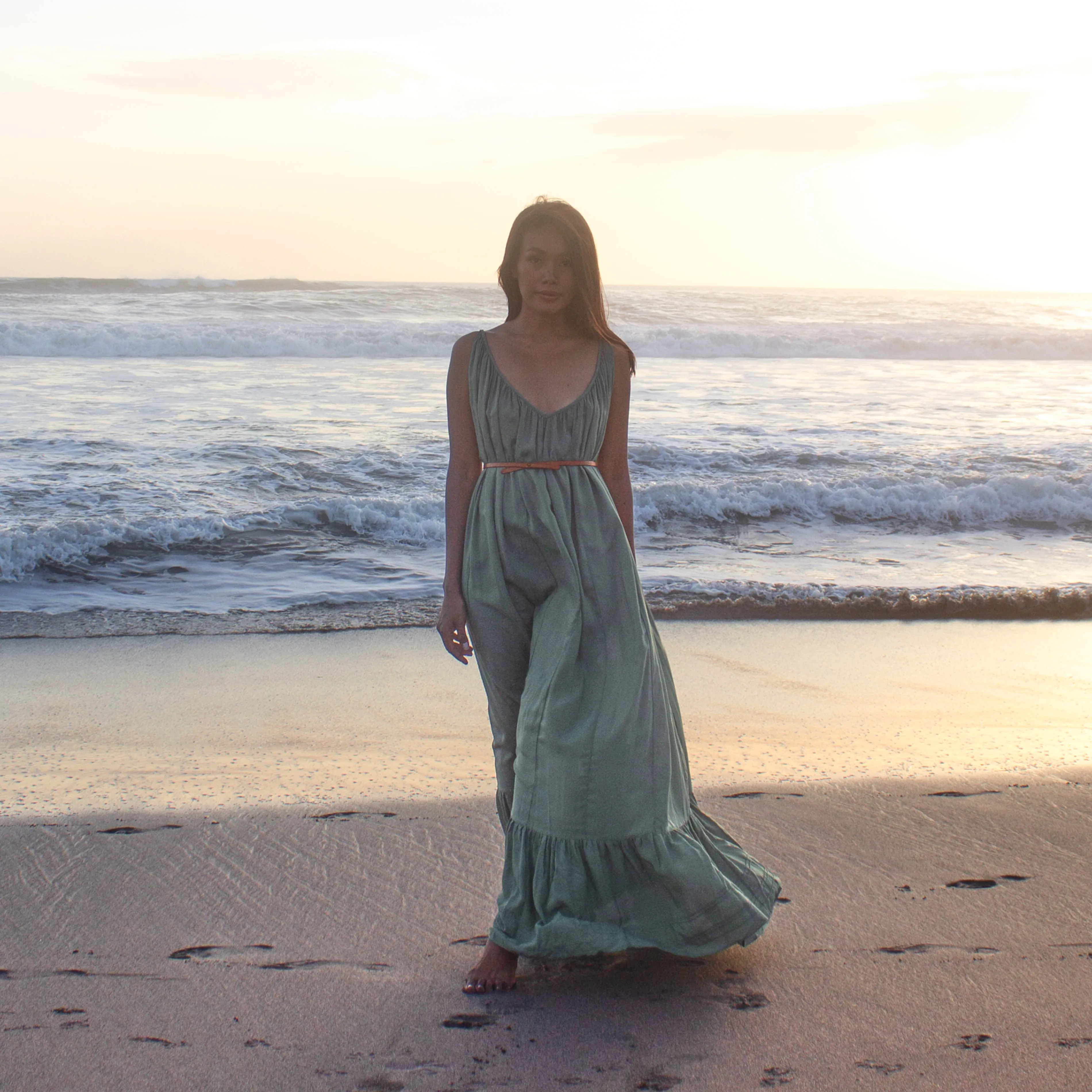 LONG V FLOW DRESS - Rayon Voile | Light Olive Green