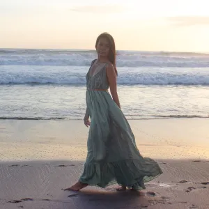 LONG V FLOW DRESS - Rayon Voile | Light Olive Green