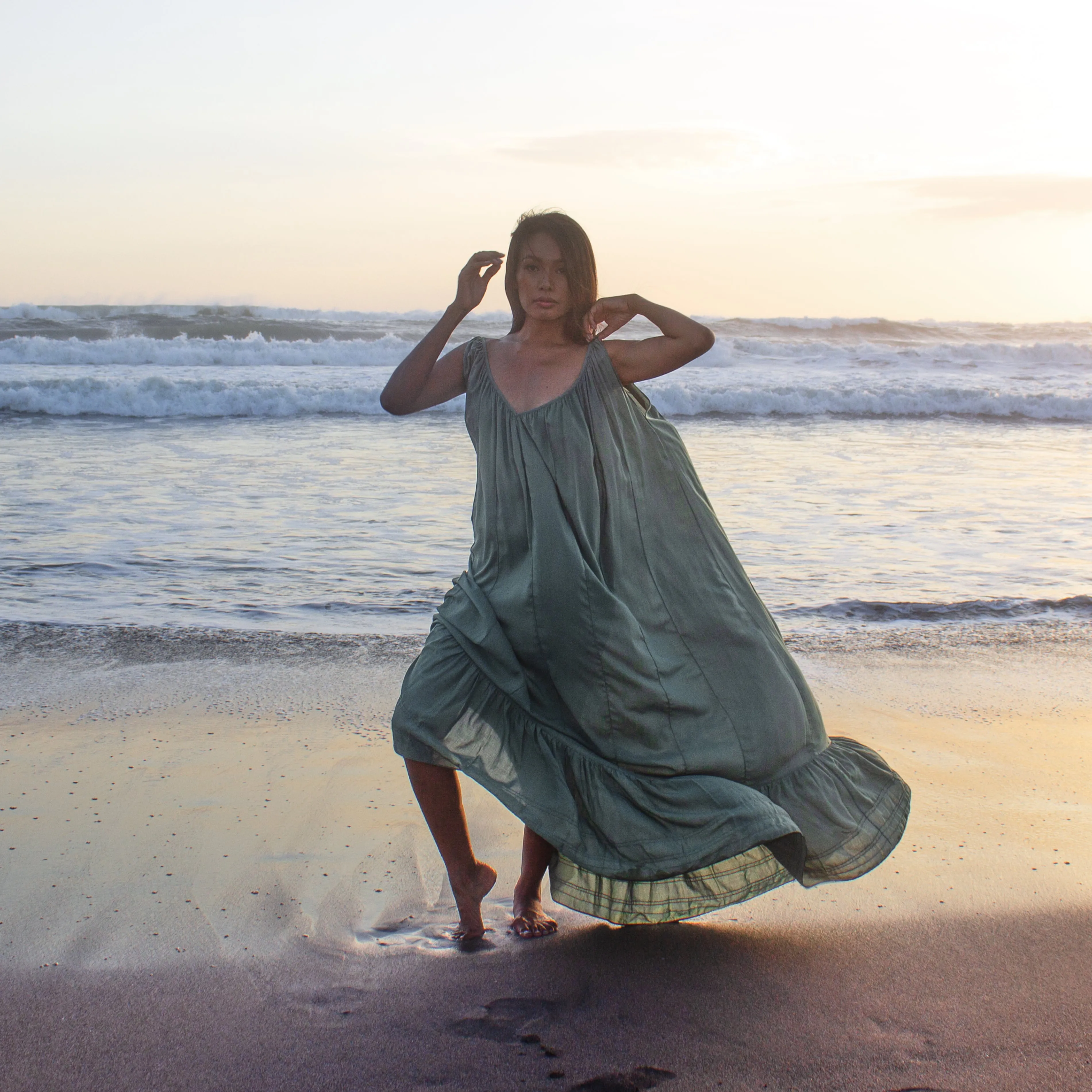 LONG V FLOW DRESS - Rayon Voile | Light Olive Green