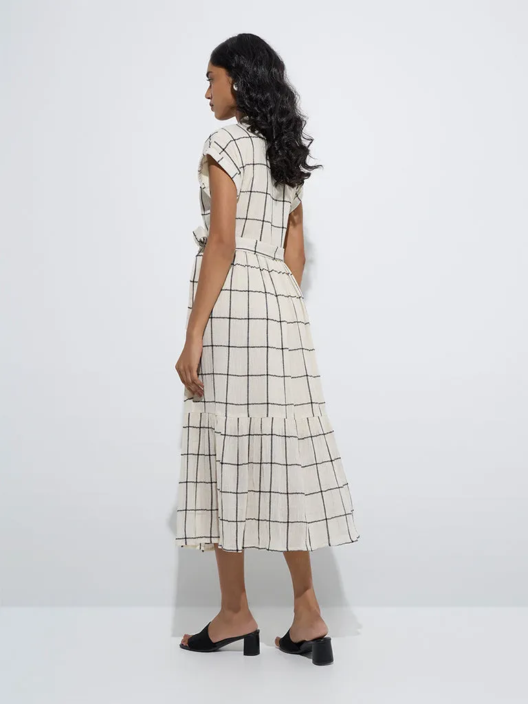 LOV Off-White Checkered Shirt Dress with Belt