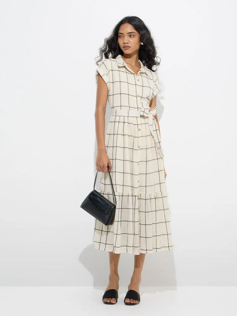 LOV Off-White Checkered Shirt Dress with Belt
